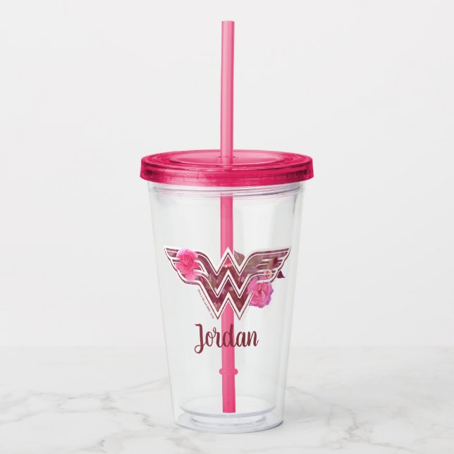 Wonder Woman Pink Camellier Blume Logo Acryltrinkbecher (Vorderseite)