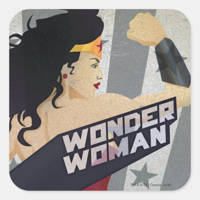 Wonder Woman Retro City Sunburst and Stars Quadratischer Aufkleber (Vorderseite)