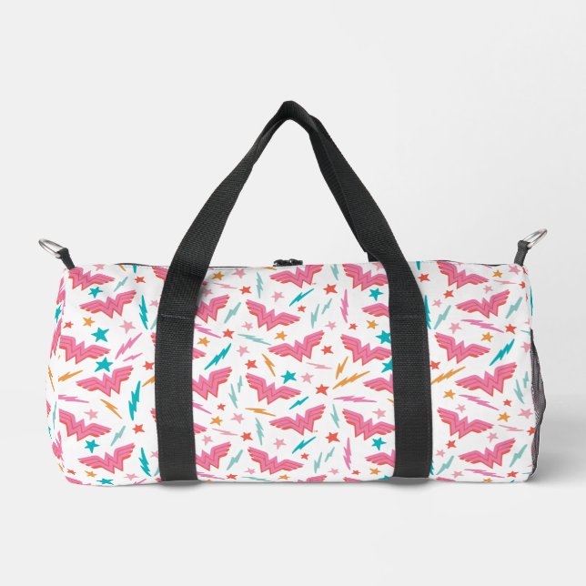 Wonder Woman Rosa Logo und Blitzmuster Duffle Bag (Vorderseite)