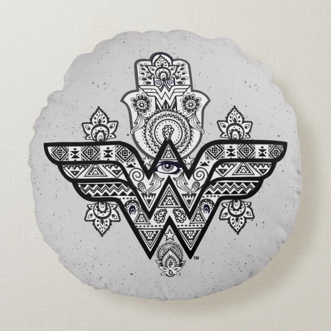 Wonder Woman Spiritual Paisley Hamsa Logo Rundes Kissen (Vorderseite)