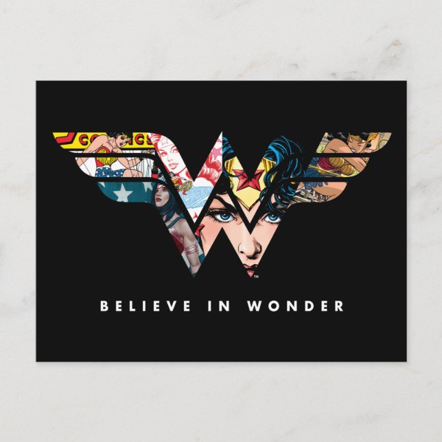 Wonder Woman "Think in Wonder" Collage Logo Einladungspostkarte (Vorderseite)