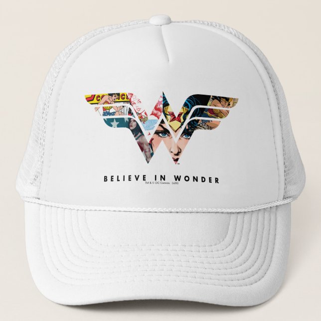 Wonder Woman "Think in Wonder" Collage Logo Truckerkappe (Vorderseite)