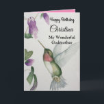 Wonderful Godmother Happy Birthday Hummingbird Karte<br><div class="desc">Celebrate birthday of your wonderful godmother with an elegant hummingbird design on a charming greeting card. Created from my original watercolour painting, the lovely little bird and flower image brighten the day for birdwatchers, gardeners and nature lovers. The special woman in your life will love the pastel colours of cream,...</div>