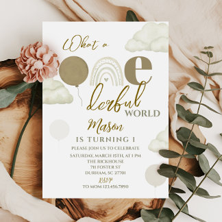Wonderful World Neutral First Birthday Invitation Einladung