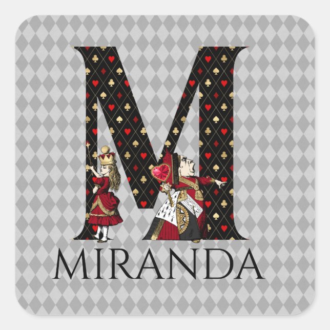 Wonderland Alice & Queen of Hearts Letter M Quadratischer Aufkleber (Vorderseite)