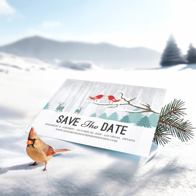 Wonderland Birds Deer Winter Wedding Save the Date Ankündigungspostkarte (Von Creator hochgeladen)
