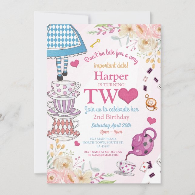 Wonderland Birthday Two Tea Party 2. Girls Einladung (Vorderseite)