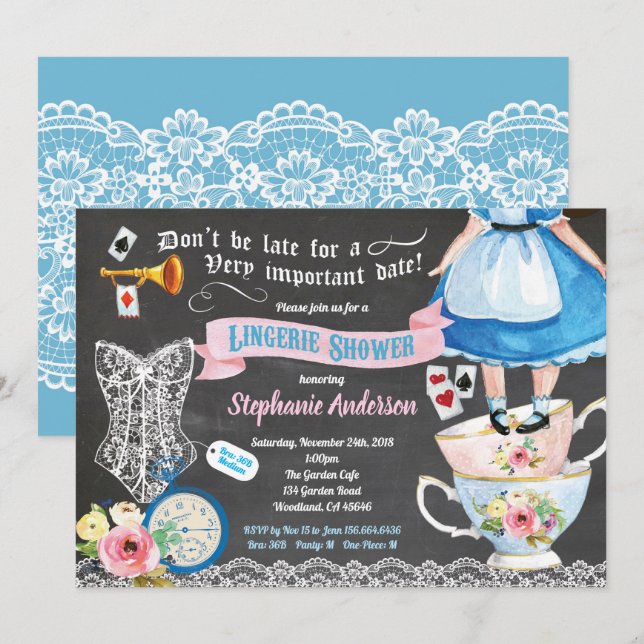 Wonderland Dessous Dusche Brautparty Kreide Einladung (Vorne/Hinten)