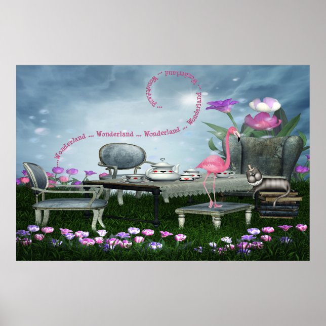 Wonderland Flamant rose & Cheshire Cat Poster (Devant)