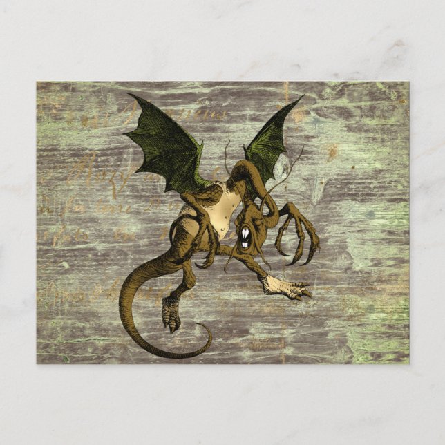 Wonderland Jabberwocky auf Not leidendem Holz Postkarte (Vorderseite)