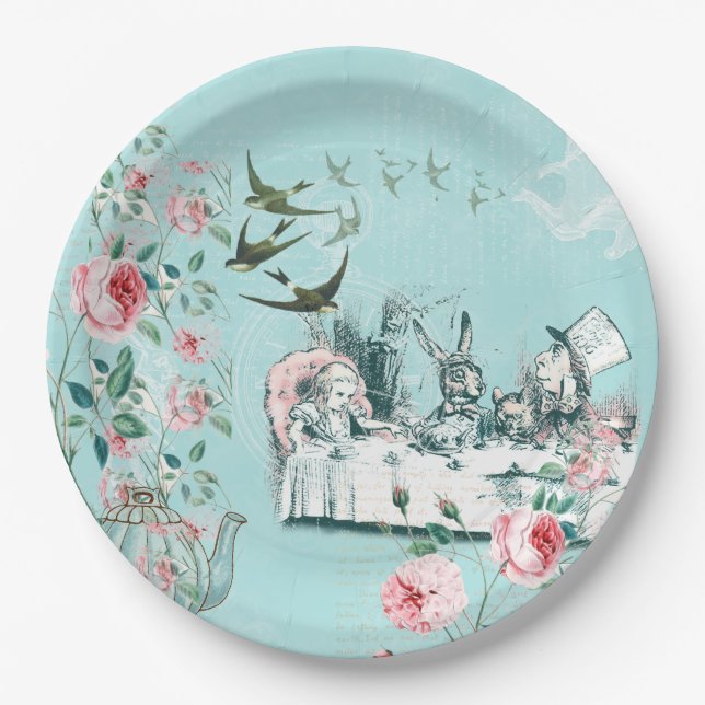 Wonderland Mad Tea Party Aqua Pink Papierplatte Pappteller (Vorderseite)