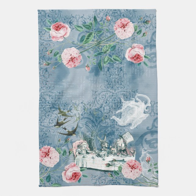 Wonderland Mad Tea Party Blue Rose Tea Serviette (Vertical)
