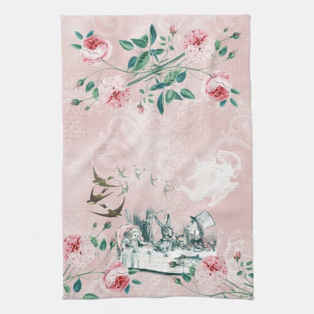 Wonderland Mad Tea Party Rosa grünes Teetuch Geschirrtuch (Vertikal)