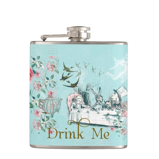 Wonderland Mad Tee Party Aqua Pink Flasche Flachmann (Vorderseite)