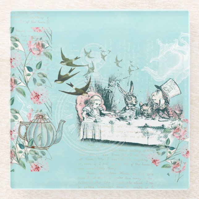 Wonderland Mad Tee Party Aqua Pink Glass Untersetz Glasuntersetzer (Vorderseite)