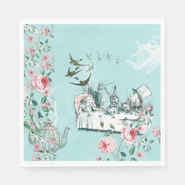 Wonderland Mad Tee Party Aqua Pink Napkin Serviette (Vorderseite)