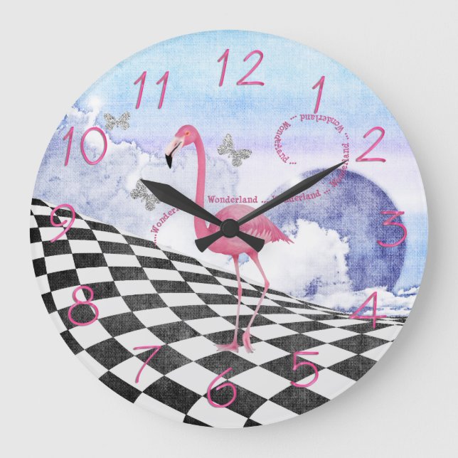 Wonderland Pink Flamingo Fantasy Clock Große Wanduhr (Vorderseite)