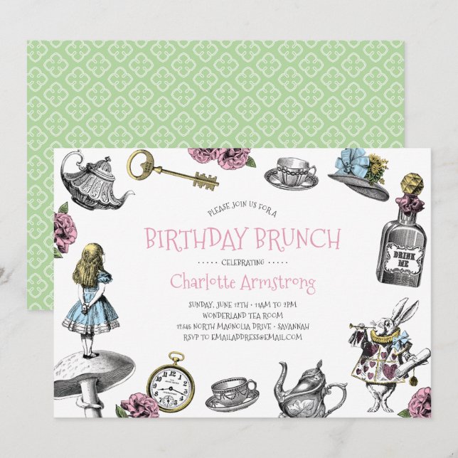 Wonderland Pink und Green Birthday Brunch Einladung (Vorne/Hinten)