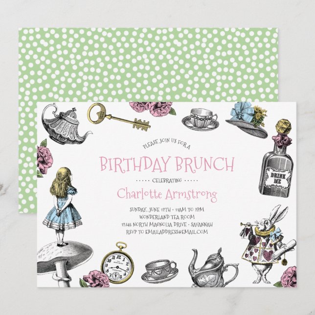 Wonderland Pink und Green Birthday Brunch Einladung (Vorne/Hinten)