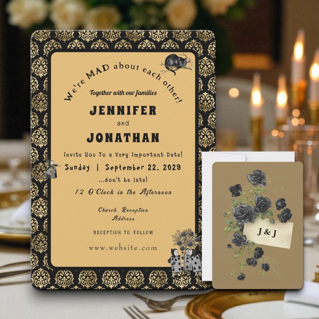 Wonderland Whimsy Gold, Faire-part de mariage noir (Créateur téléchargé)
