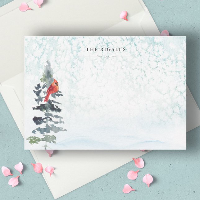 Wonderland Wonderland Dankeskarte (Winter notecards personalized name watercolor pine tree and snow blue)