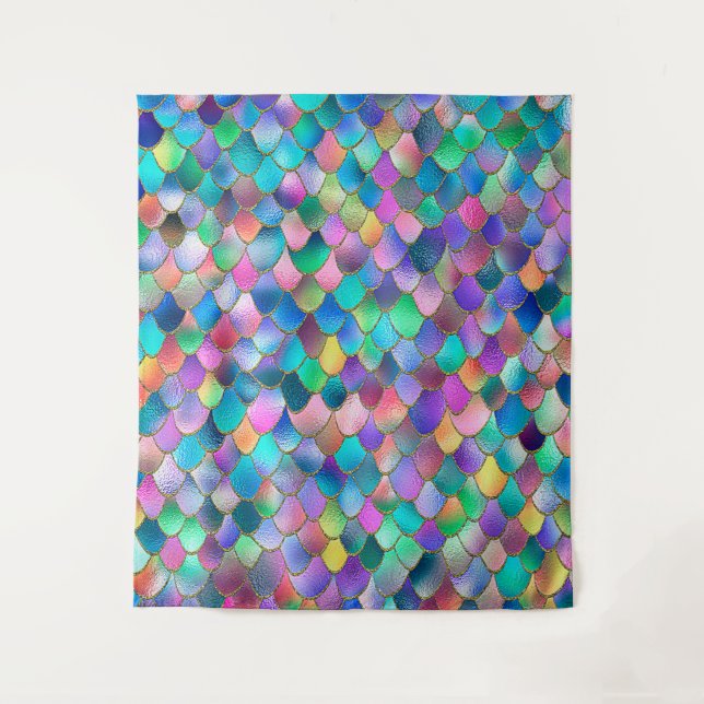 Wonky Rainbow Glitzer Metal Mermaid Scales Wandteppich (Vorderseite)