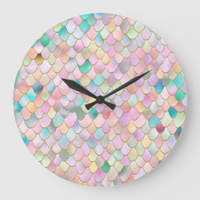 Wonky Trendy Rainbow Girl Metal Mermaid Scales Große Wanduhr (Vorderseite)