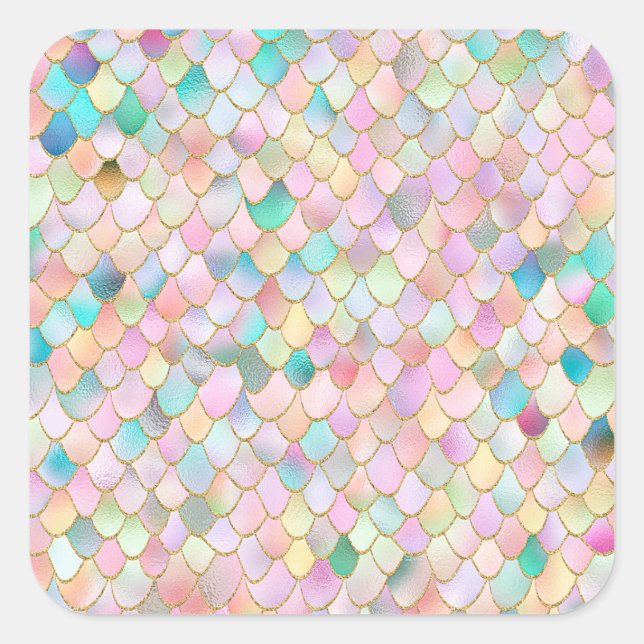 Wonky Trendy Rainbow Girl Metal Mermaid Scales Quadratischer Aufkleber (Vorderseite)
