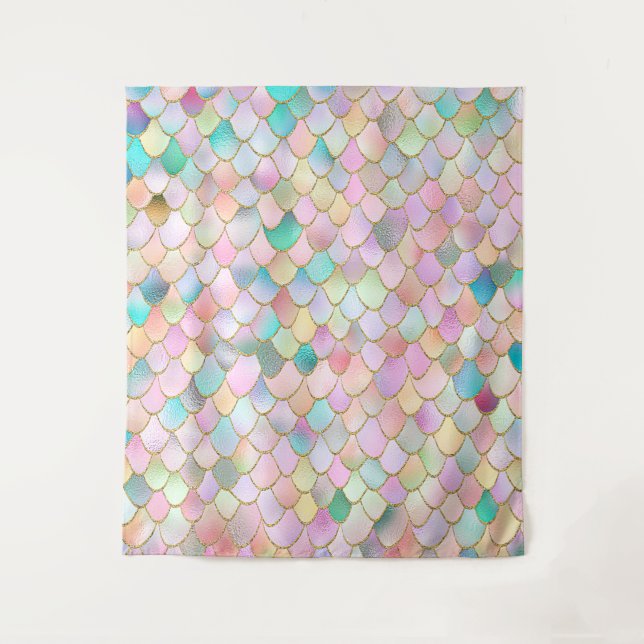 Wonky Trendy Rainbow Girl Metal Mermaid Scales Wandteppich (Vorderseite)