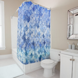Wonky Watercolor Ocean Blue Glitzer Mermaid Scales Duschvorhang