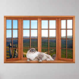 Wood 4 Pane Fenstertäuschung mit Katze auf der Pil Poster
