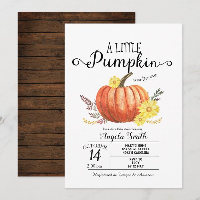 Wood Baby Dusche Little Pumpkin Einladung Rustikal (Vorne/Hinten)