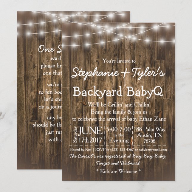Wood BabyQ Backyard GRILLEN Bash Rustic Baby Showe Einladung (Vorne/Hinten)