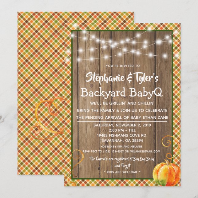 Wood BabyQ Backyard GRILLEN Rustic Fall Baby Dusch Einladung (Vorne/Hinten)