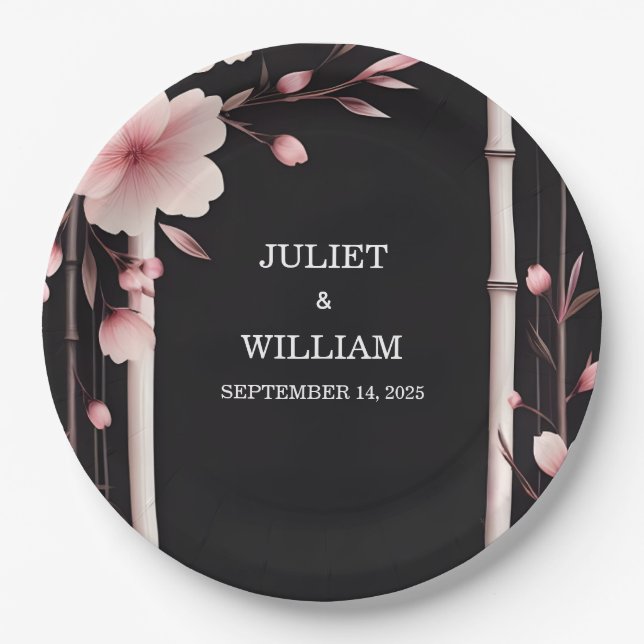 Wood Bamboo Pink Sakura Cherry Blossom Hochzeit Pappteller (Vorderseite)