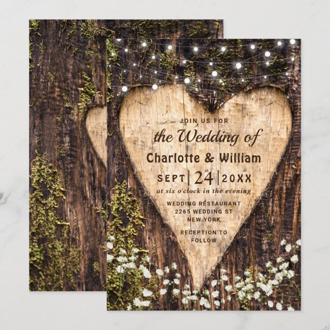 Wood Bark Baby Atemherz Rustikale Hochzeit Einladung (Vorne/Hinten)