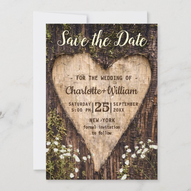 Wood Bark Baby Atemherz Rustikale Hochzeit Save The Date (Vorderseite)