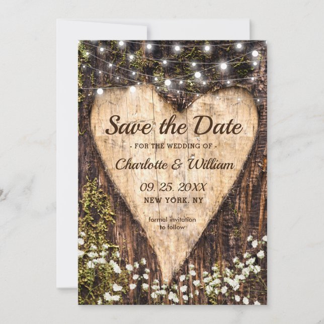 Wood Bark Baby Atemherz Rustikale Hochzeit Save The Date (Vorderseite)