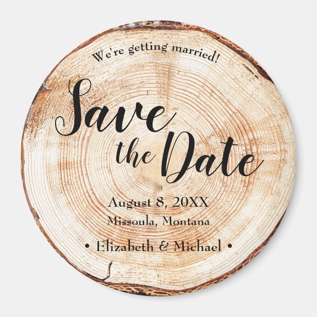 Wood Bark Disk Rustic Wedding Save the Date Magnet (Vorne)