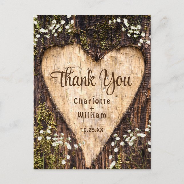 Wood Bark Heart Rustic Wedding Vielen Dank Postkarte (Vorderseite)