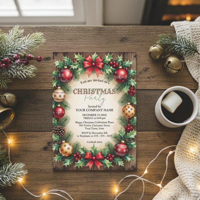 Wood Baubles Red Bow Corporate Christmas Party Einladung (Von Creator hochgeladen)