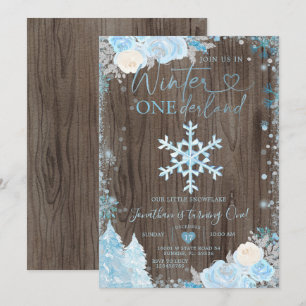 Wood Blue Winter Onederland Snowflake Geburtstag Einladung