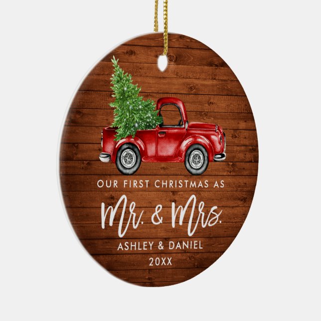 Wood Brush Script Erster Weihnachtswagen FOTO BACK Keramik Ornament (Rechts)