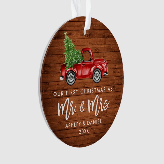 Wood Brush Script Erster Weihnachtswagen FOTO BACK Ornament (Vorderseite)