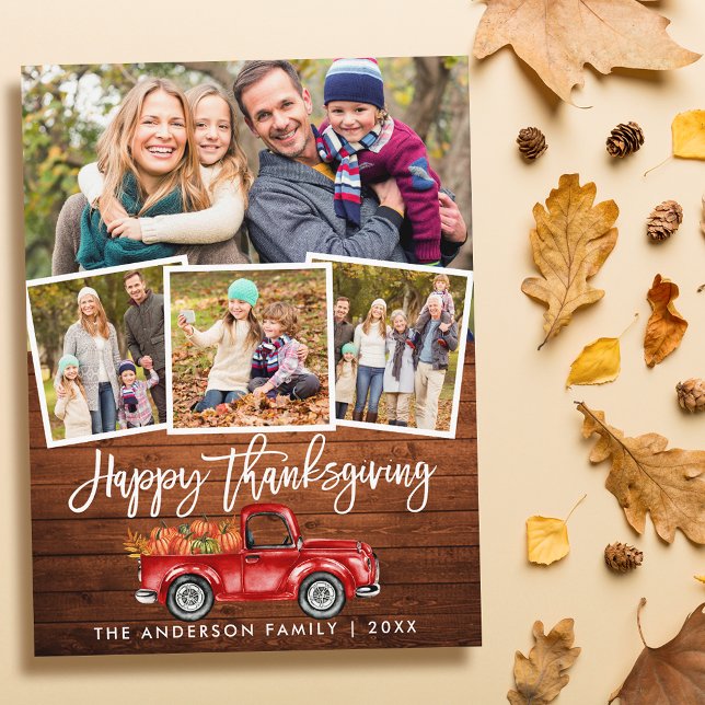 Wood Brush Script Red Truck Erntedank 4 Foto Postkarte (Customize to change your personalized text size or text style.)