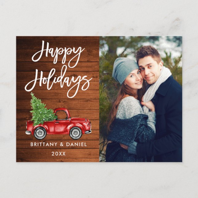 Wood Brush Script Truck Couple Foto Holidays Postkarte (Vorderseite)