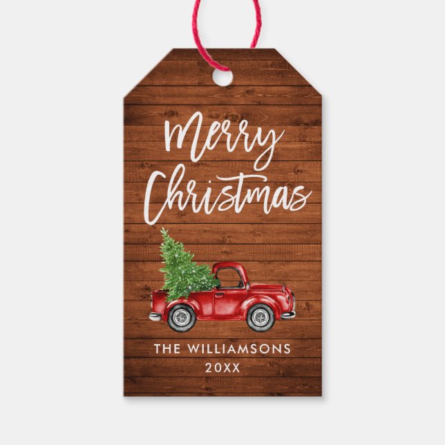 Wood Brush Script Weihnachtsgeschenk Vintag Truck Geschenkanhänger (Vorderseite)