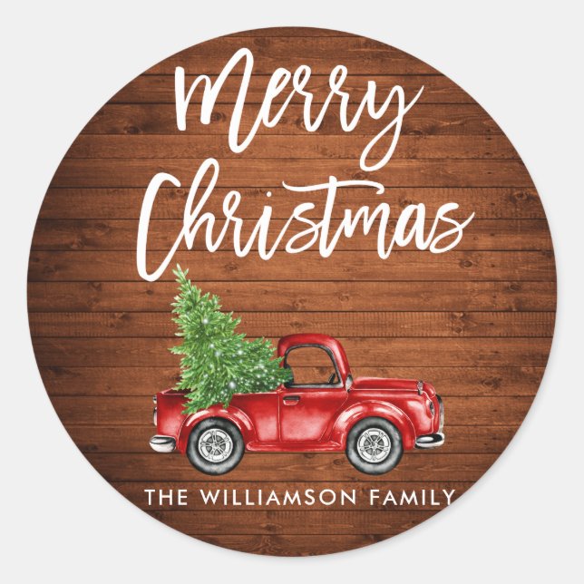 Wood Brush Script Weihnachtswagen Umschlag Aufkleb Runder Aufkleber (Vorderseite)