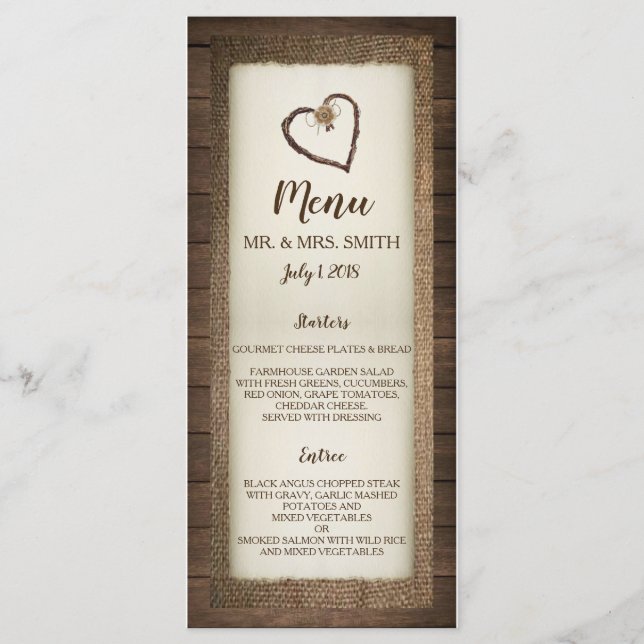 Wood, Burlap & Twine Heart Wedding Einladung Menü (Vorderseite)