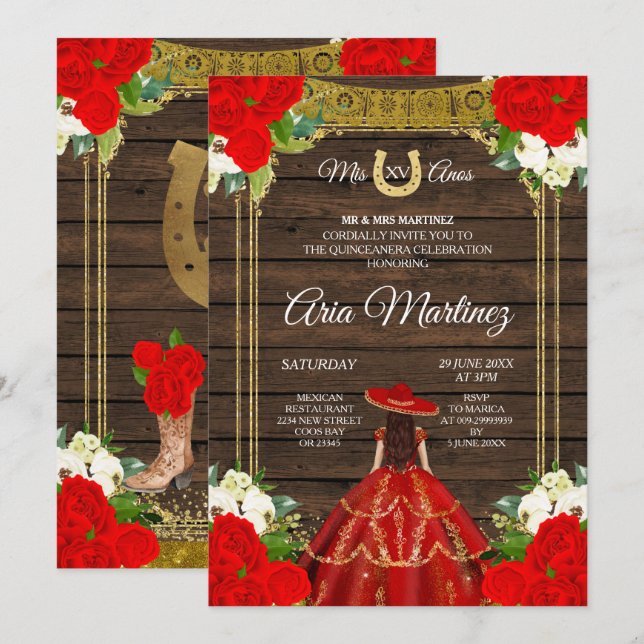 Wood Charro - Red Princess Mis Quince Invitation (Devant / Derrière)
